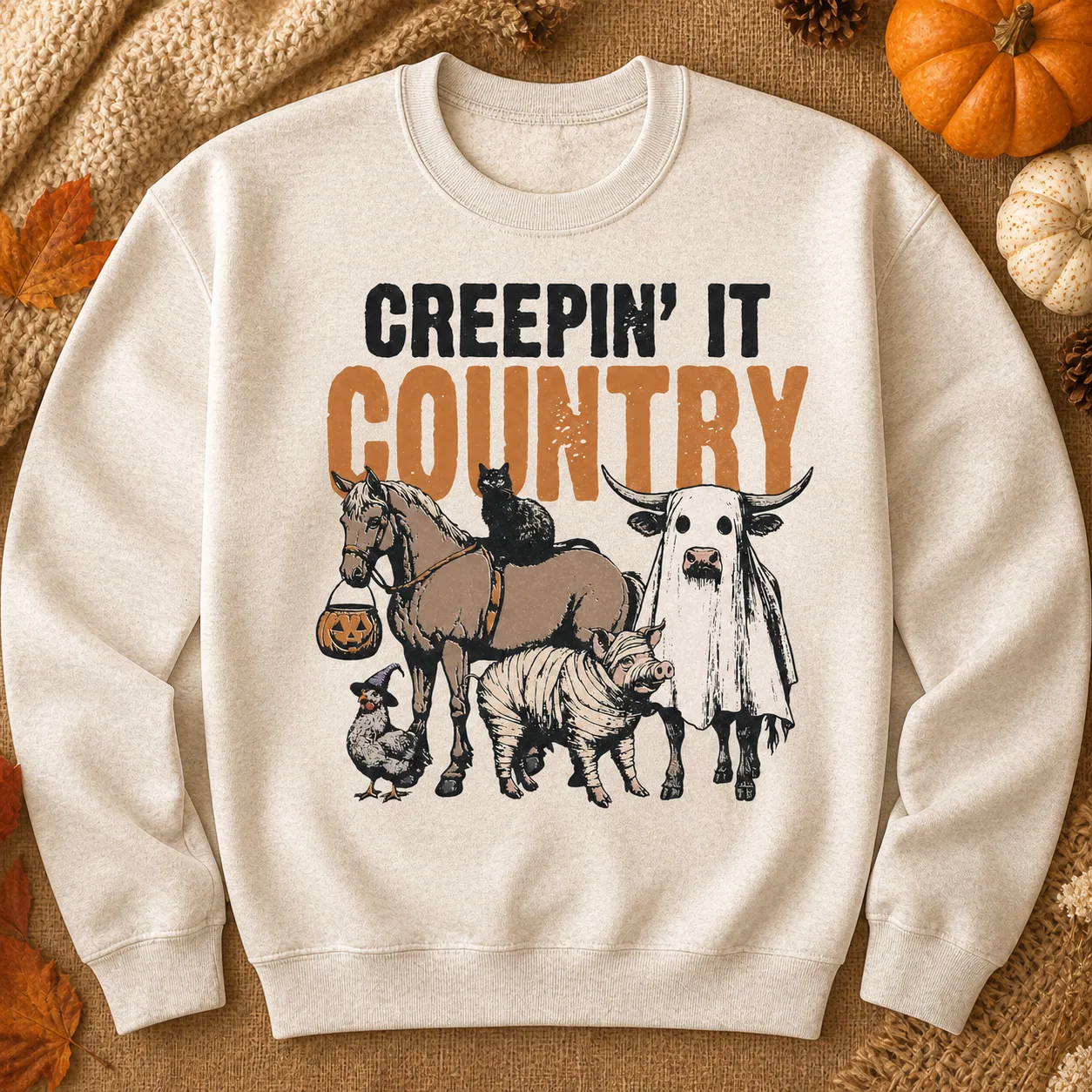 Creepin It Country example showing how to style an oversized graphic sweatshirt