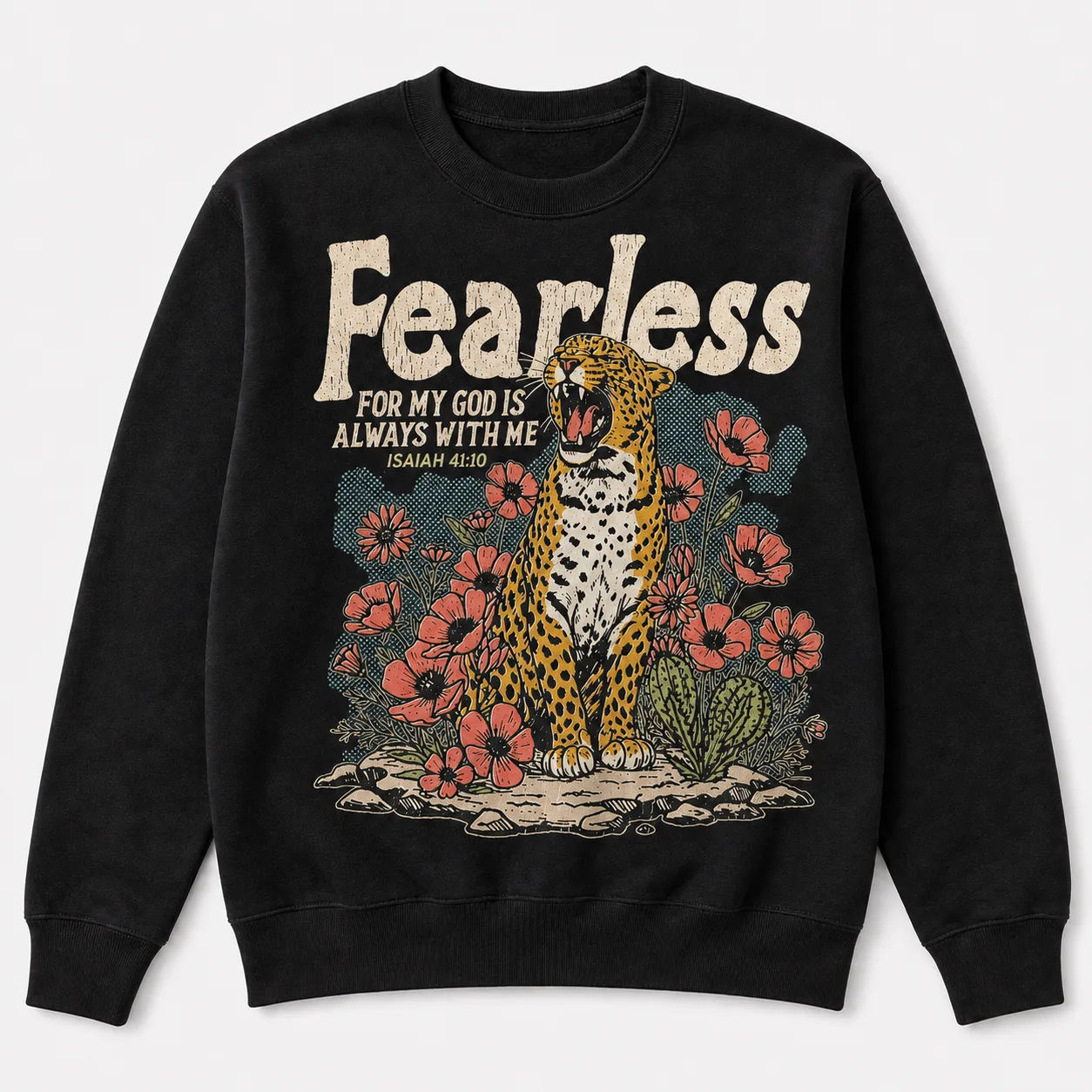 Fearless Isaiah 41:10 Christian leopard crewneck sweatshirt