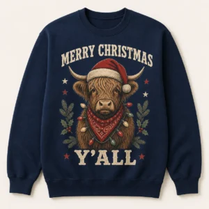 Highland Cow Christmas Sweatshirt – Western Cowgirl Holiday Crewneck