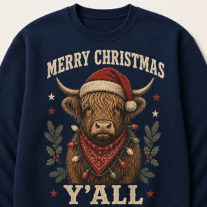 Highland Cow Christmas Sweatshirt – Western Cowgirl Holiday Crewneck Highland Cow Christmas Sweatshirt – Western Cowgirl Holiday Crewneck