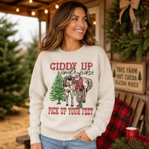Giddy Up Jingle Horse Sweatshirt – Western Christmas Santa Crewneck Giddy Up Jingle Horse Sweatshirt – Western Christmas Santa Crewneck