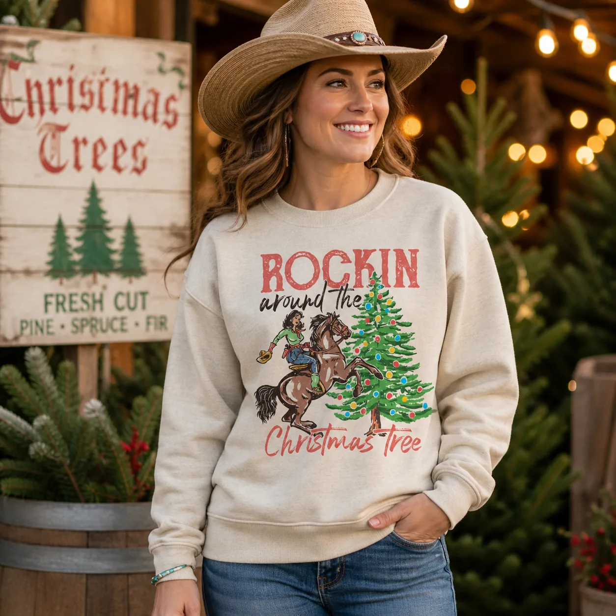 Rockin Around the Christmas Tree Sweatshirt – Western Cowgirl Crewneck Rockin Around the Christmas Tree Sweatshirt – Western Cowgirl Crewneck