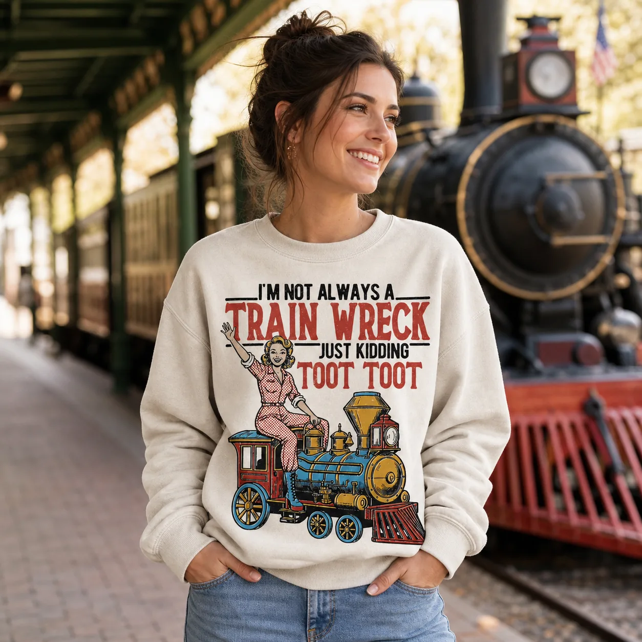 Funny Train Wreck Sweatshirt – Just Kidding Toot Toot Retro Crewneck Funny Train Wreck Sweatshirt – Just Kidding Toot Toot Retro Crewneck