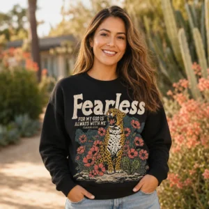 Fearless Christian Sweatshirt – Isaiah 41:10 Leopard Crewneck