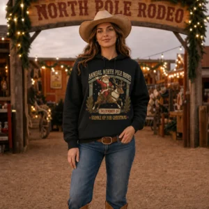 North Pole Rodeo Hoodie – Western Cowboy Santa Christmas Sweatshirt North Pole Rodeo Hoodie – Western Cowboy Santa Christmas Sweatshirt