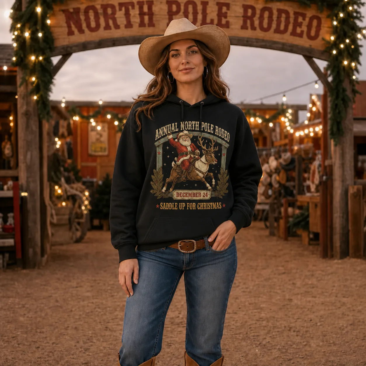 North Pole Rodeo Hoodie – Western Cowboy Santa Christmas Sweatshirt North Pole Rodeo Hoodie – Western Cowboy Santa Christmas Sweatshirt