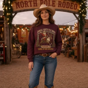 North Pole Rodeo Sweatshirt – Western Cowboy Santa Christmas Crewneck