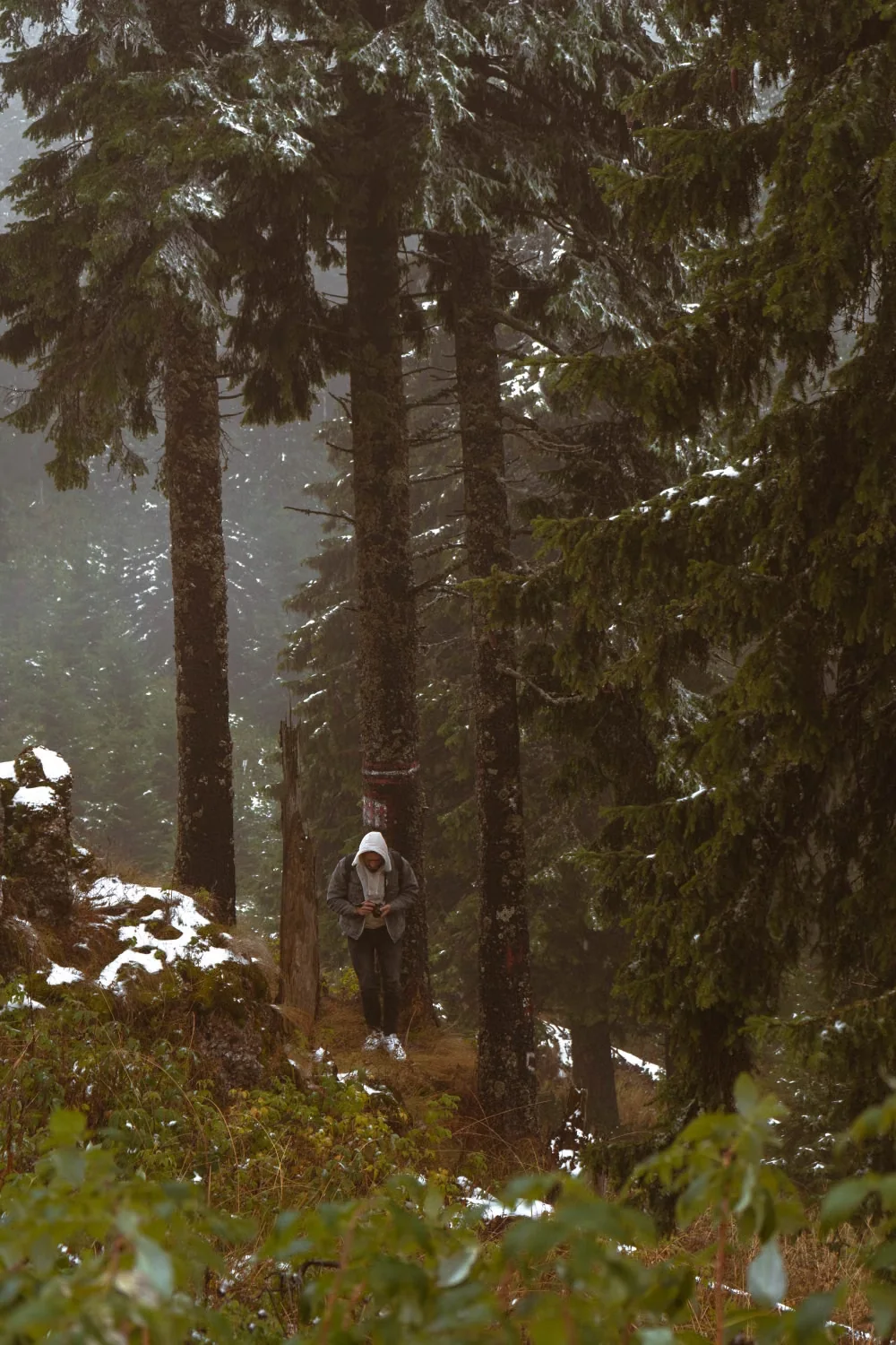 Bigfoot gifts for men illustrated by a hooded hiker in a misty forest