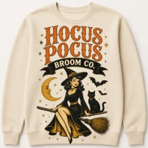 Hocus Pocus Broom Co. Sweatshirt – Retro Witch Halloween Crewneck Hocus Pocus Broom Co. Sweatshirt – Retro Witch Halloween Crewneck