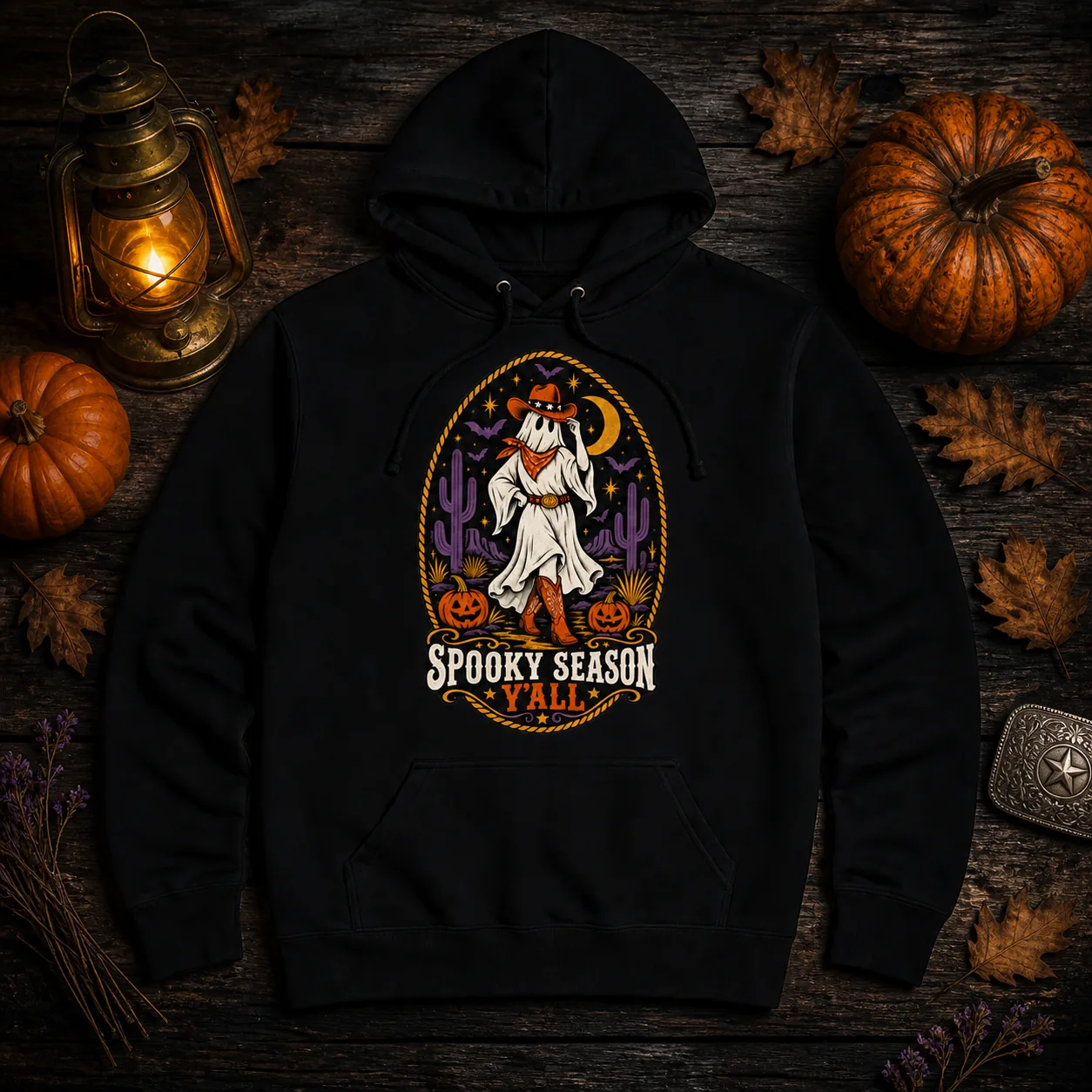 Black Spooky Season Y'all Western Halloween hoodie with lantern and pumpkins