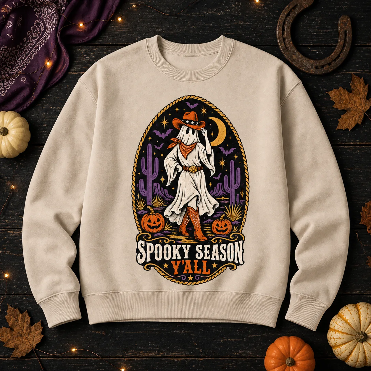 Sand Spooky Season Y'all Western Halloween crewneck with horseshoe and pumpkins