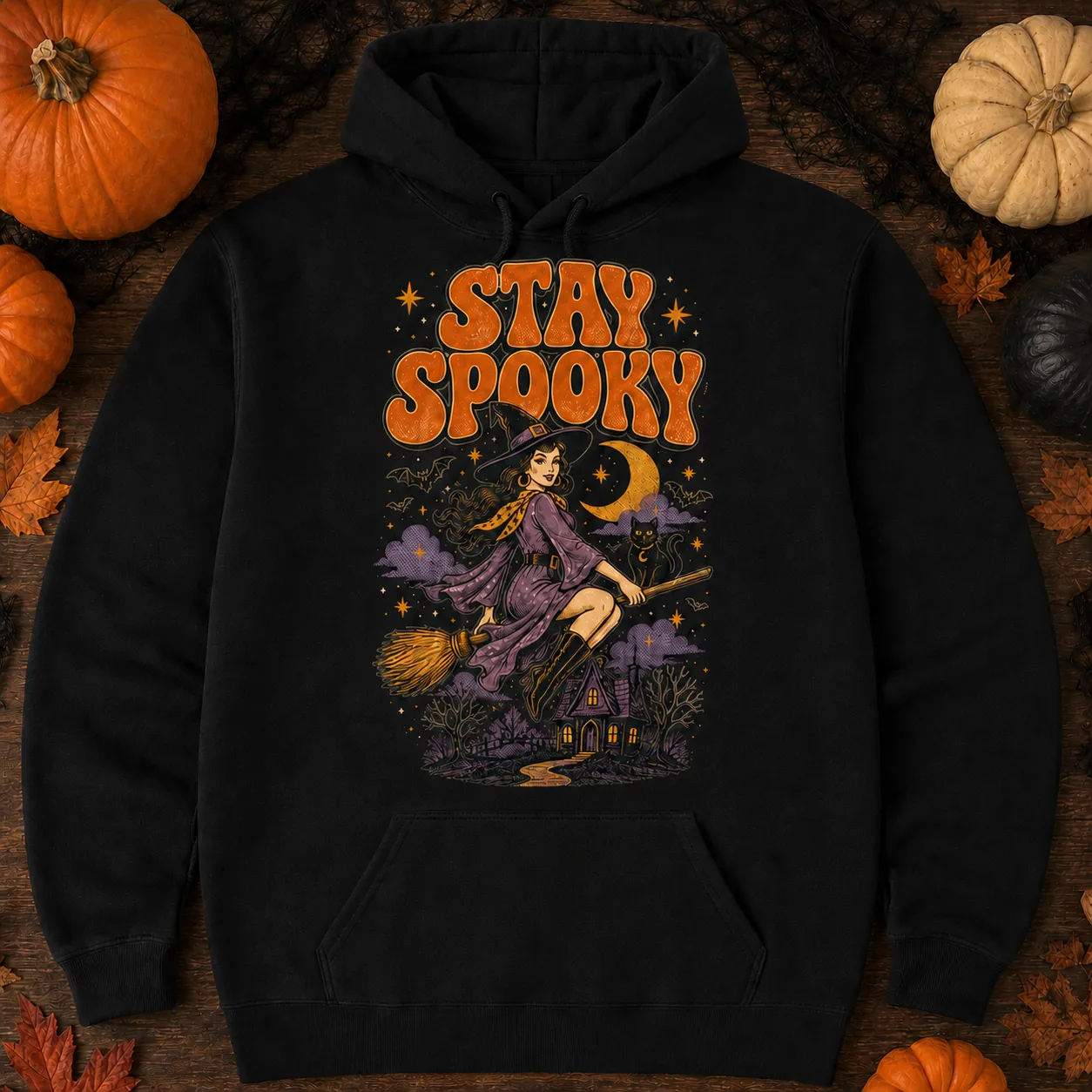 Stay Spooky western Halloween hoodie with retro witch and black cat graphic