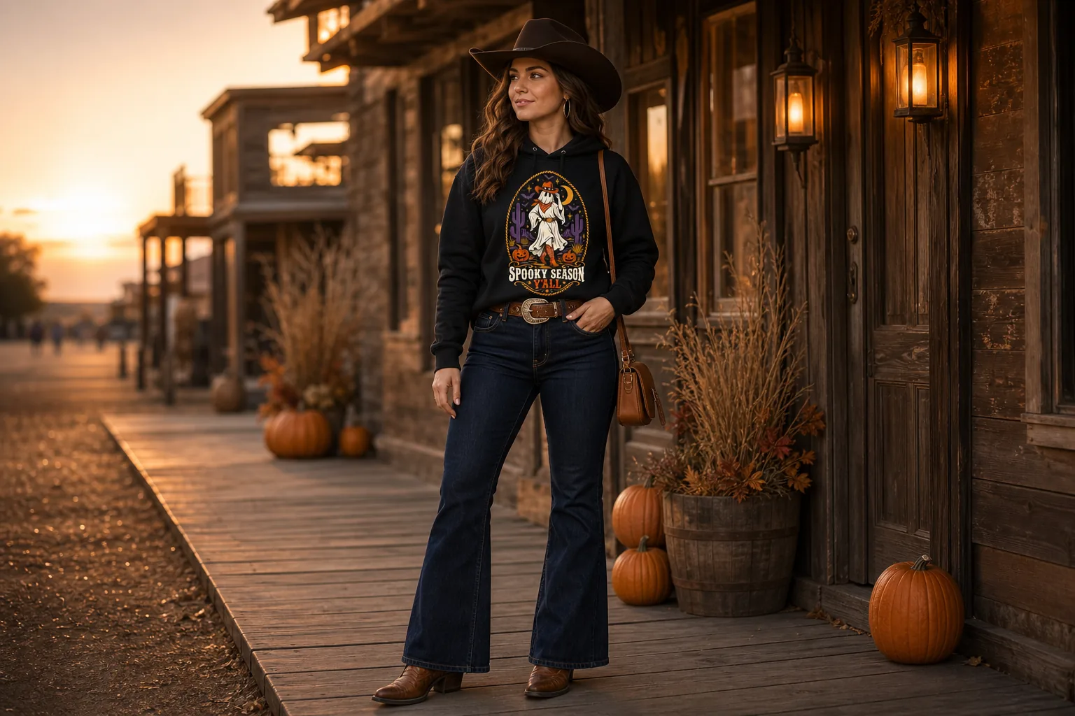 Cowgirl styling a black Spooky Season Y'all hoodie with flare jeans and cowboy boots
