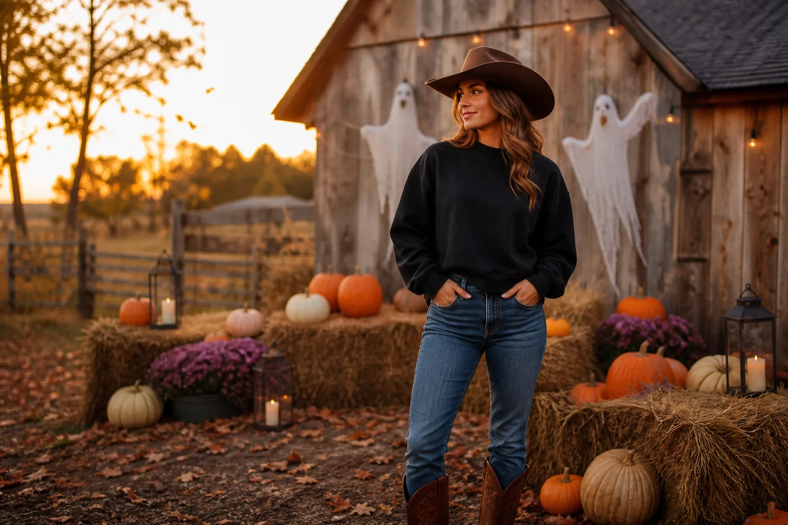 Cowgirl wearing a black sweatshirt at a western Halloween pumpkin patch