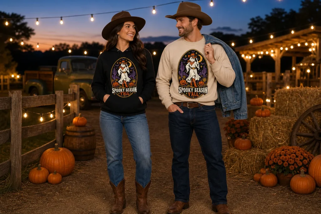 Man and woman wearing coordinated Spooky Season Y'all Western Halloween outfits