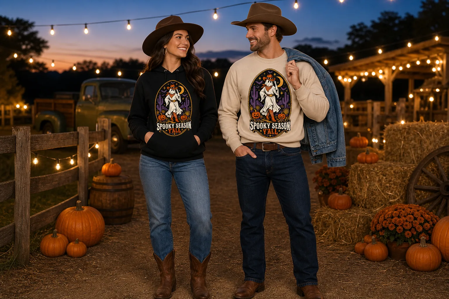 Man and woman wearing coordinated Spooky Season Y'all Western Halloween outfits