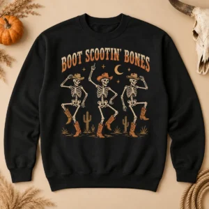 Boot Scootin’ Bones Sweatshirt – Western Skeleton Halloween Crewneck