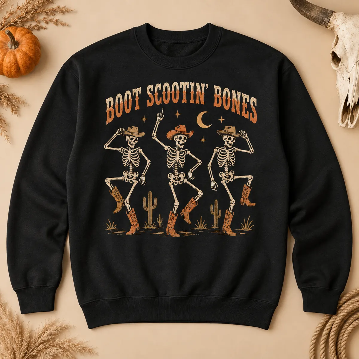 Boot Scootin’ Bones Sweatshirt – Western Skeleton Halloween Crewneck Boot Scootin’ Bones Sweatshirt – Western Skeleton Halloween Crewneck