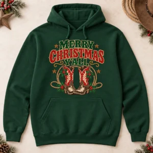 Merry Christmas Y’all Hoodie – Western Cowboy Boots Holiday Sweatshirt