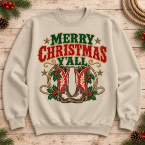 Merry Christmas Y’all Sweatshirt – Western Cowboy Boots Crewneck
