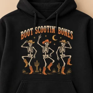 Boot Scootin’ Bones Hoodie – Western Skeleton Halloween Sweatshirt Boot Scootin’ Bones Hoodie – Western Skeleton Halloween Sweatshirt