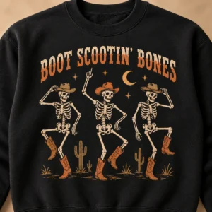 Boot Scootin’ Bones Sweatshirt – Western Skeleton Halloween Crewneck Boot Scootin’ Bones Sweatshirt – Western Skeleton Halloween Crewneck