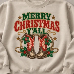 Merry Christmas Y’all Sweatshirt – Western Cowboy Boots Crewneck Merry Christmas Y’all Sweatshirt – Western Cowboy Boots Crewneck