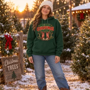 Merry Christmas Y’all Hoodie – Western Cowboy Boots Holiday Sweatshirt Merry Christmas Y’all Hoodie – Western Cowboy Boots Holiday Sweatshirt