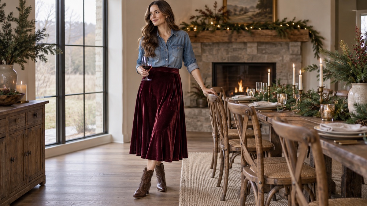 Denim shirt with a burgundy velvet skirt and western ankle boots
