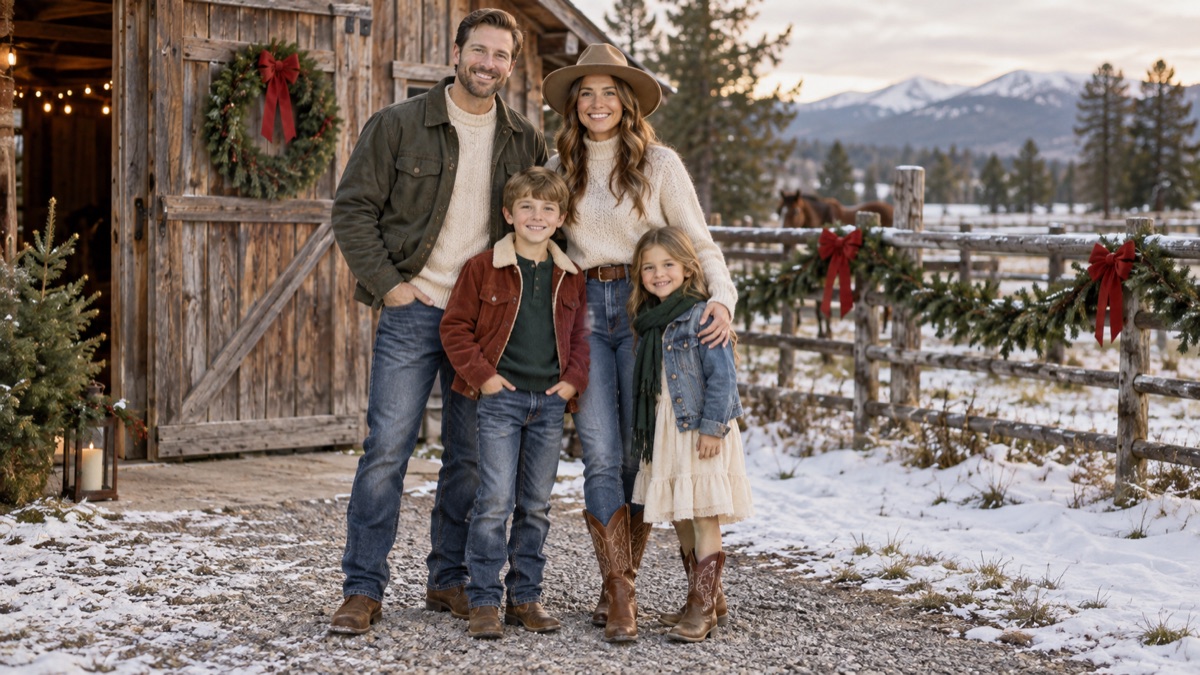 Family wearing coordinated cowgirl Christmas outfits in cream denim rust and green