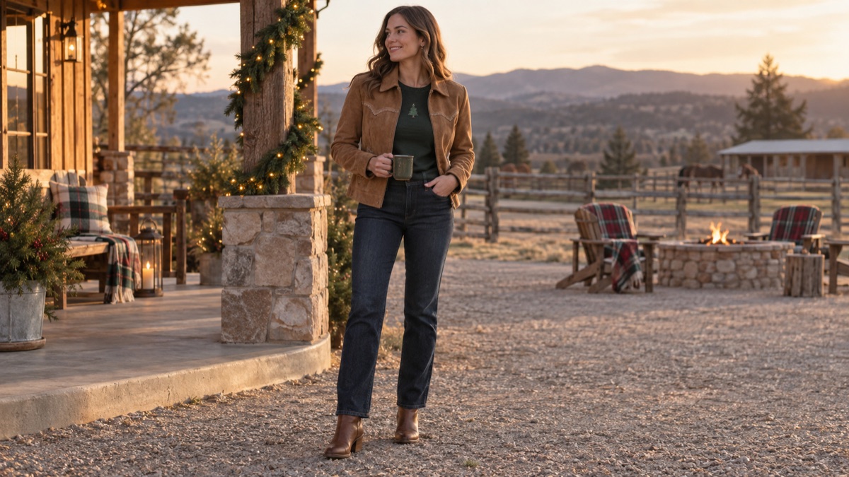 Tan western jacket over a simple green holiday tee with dark jeans