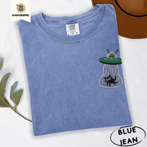 Blue Jean Alien Spaceship Cat Abduction Embroidered T-Shirt