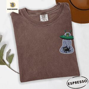 Espresso Alien Spaceship Cat Abduction Embroidered T-Shirt