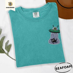 Seafoam Alien Spaceship Cat Abduction Embroidered T-Shirt
