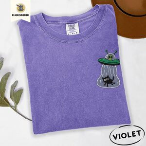 Violet Alien Spaceship Cat Abduction Embroidered T-Shirt