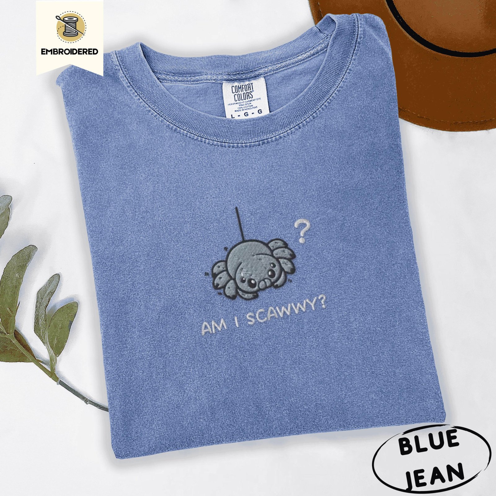 Blue Jean Am I Scawwy Spider Embroidered T-Shirt