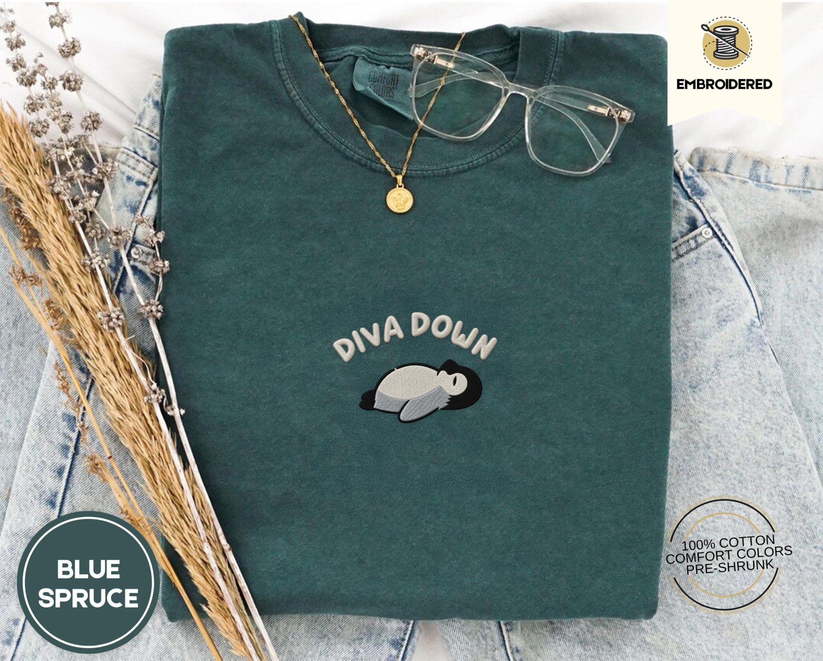 Blue Spruce Arched Diva Down Penguin Embroidered T-Shirt