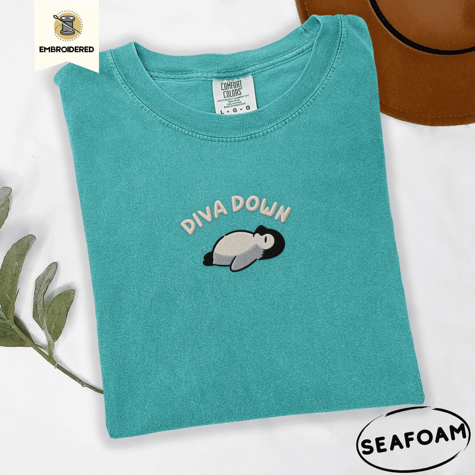 Seafoam Arched Diva Down Penguin Embroidered T-Shirt