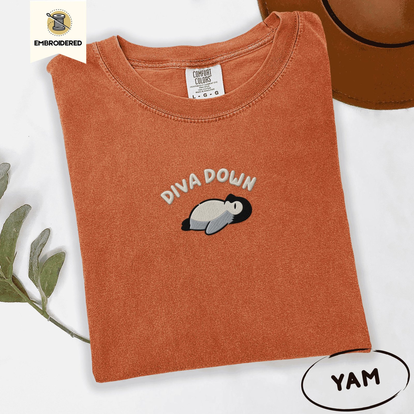 Yam Arched Diva Down Penguin Embroidered T-Shirt