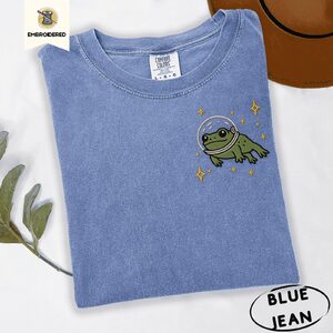 Blue Jean Astronaut Frog and Stars Embroidered T-Shirt
