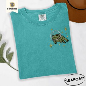 Seafoam Astronaut Frog and Stars Embroidered T-Shirt
