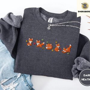 Dark Heather Autumn Foxes Embroidered Sweatshirt