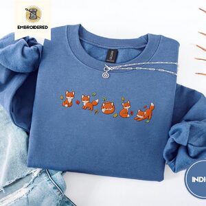 Indigo Blue Autumn Foxes Embroidered Sweatshirt