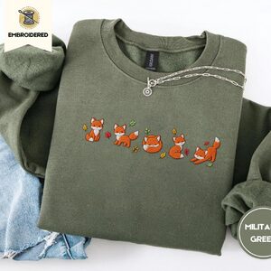 Military Green Autumn Foxes Embroidered Sweatshirt