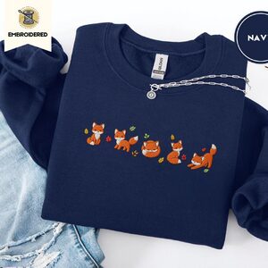Navy Autumn Foxes Embroidered Sweatshirt
