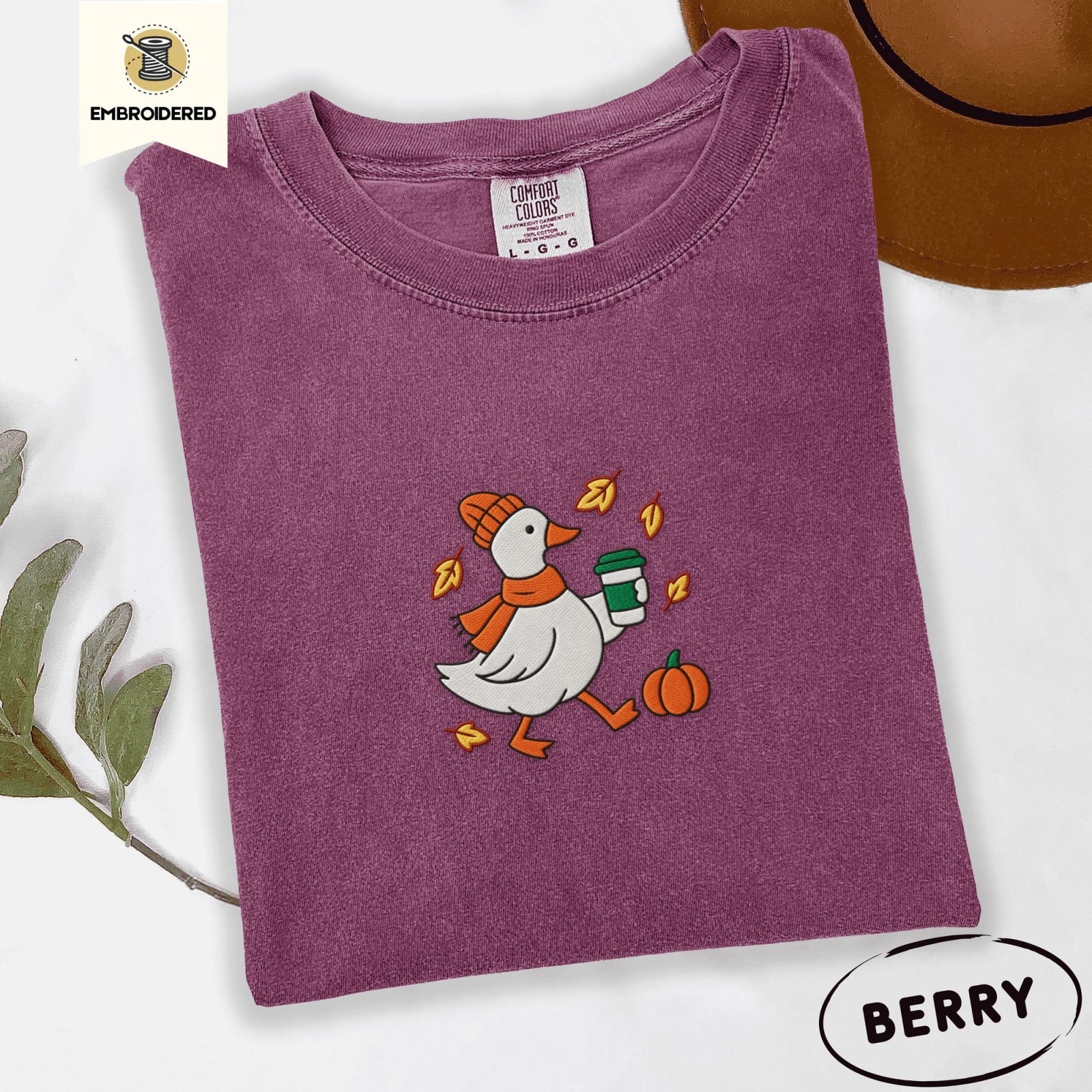 Berry Autumn Goose and Coffee Embroidered T-Shirt