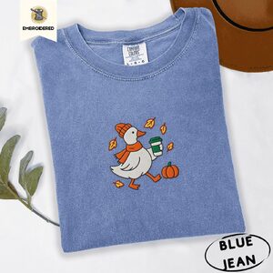 Blue Jean Autumn Goose and Coffee Embroidered T-Shirt