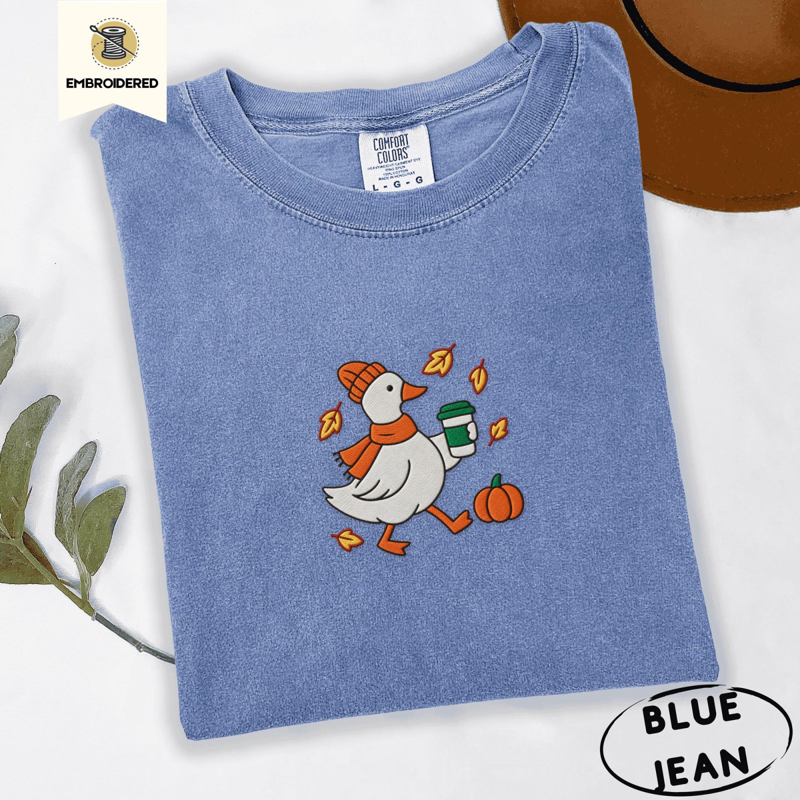 Blue Jean Autumn Goose and Coffee Embroidered T-Shirt