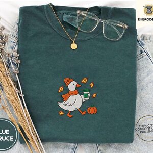 Blue Spruce Autumn Goose and Coffee Embroidered T-Shirt