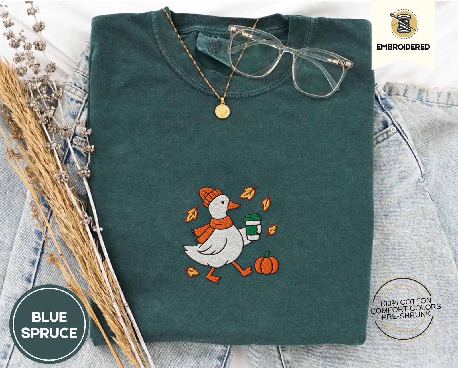 Blue Spruce Autumn Goose and Coffee Embroidered T-Shirt